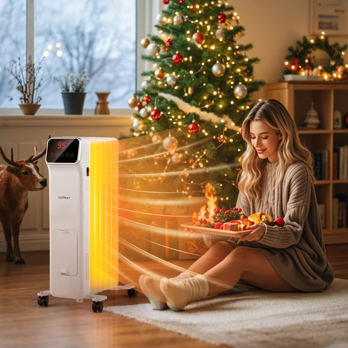 1500W Oil Filled Radiator Heater, Remote Control, 3 Modes, 24H Timer, White