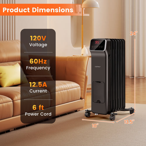 1500W Oil Filled Radiator Heater with Remote Control 3 Modes 24H Timer, Black