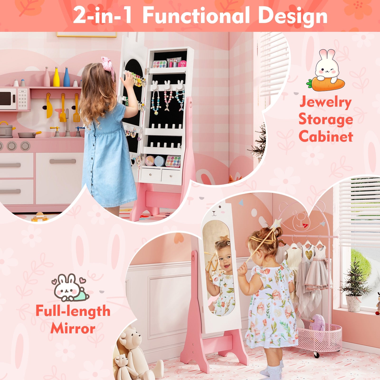 Kids Jewelry Armoire Cabinet with 2 Tilt Angles and Large Capacity, White Kids Vanities at Gallery Canada