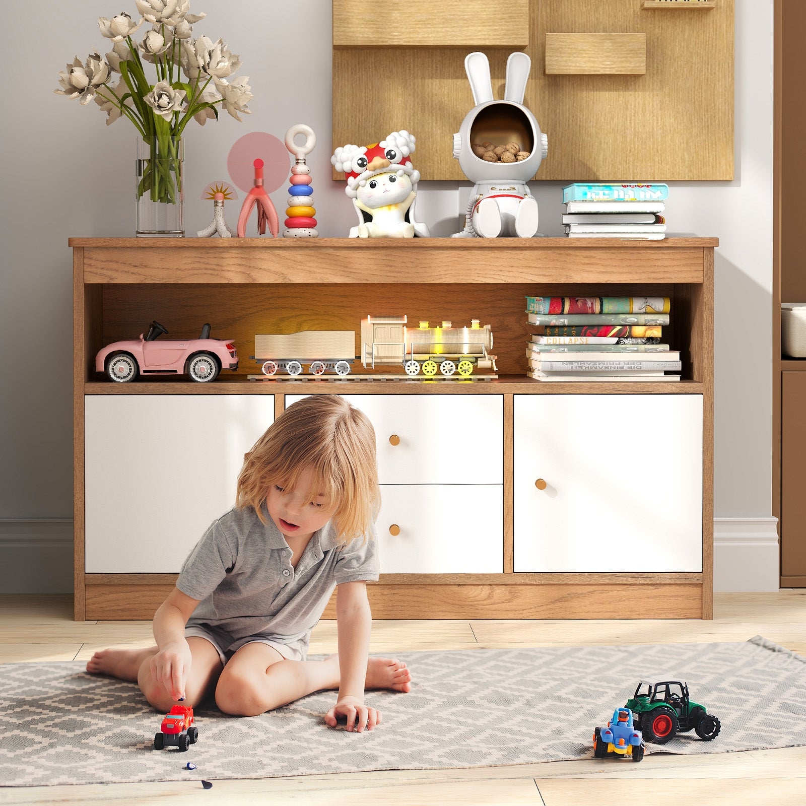 Kids Toy Storage Organizer with Open Shelf and 2 Drawers for Playroom, Natural Kids Storage at Gallery Canada