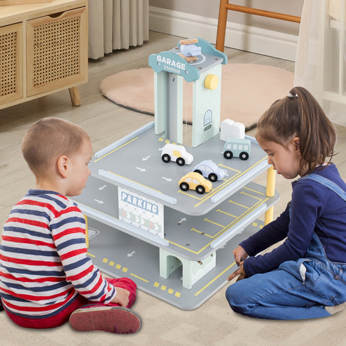 Parking Garage Playset With 4 Cars, Helicopter, Gray