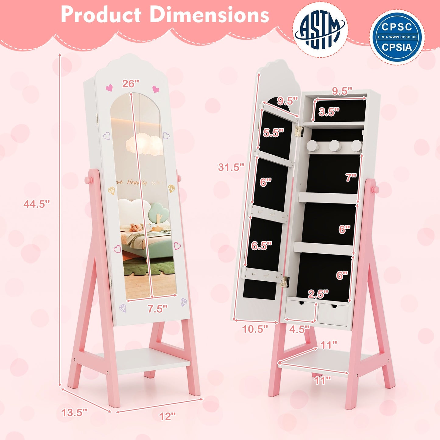 Kids Jewelry Organizer with Full Length Mirror Drawers and Storage Shelves, White Kids Vanities at Gallery Canada
