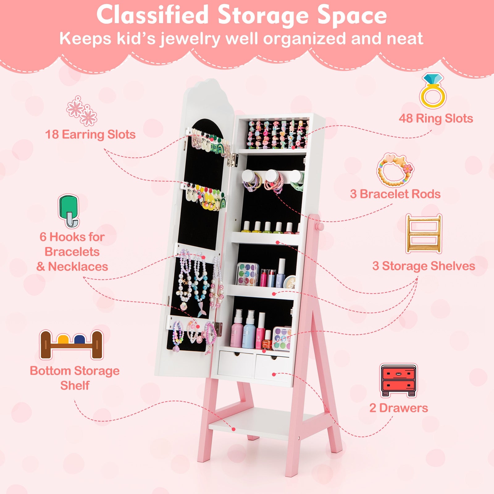 Kids Jewelry Organizer with Full Length Mirror Drawers and Storage Shelves, White Kids Vanities at Gallery Canada