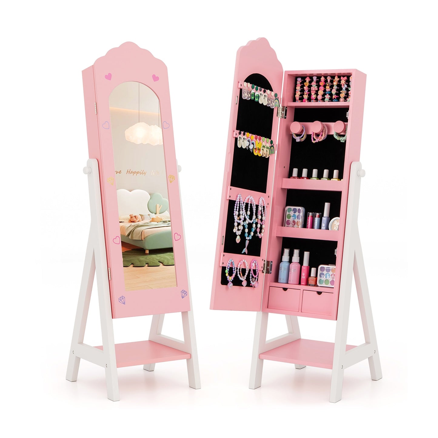 Kids Jewelry Organizer, Full Mirror Drawers, Storage Shelves, Pink Kids Vanities Pink at Gallery Canada