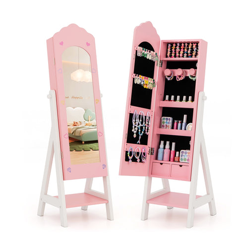 Kids Jewelry Organizer, Full Mirror Drawers, Storage Shelves, Pink