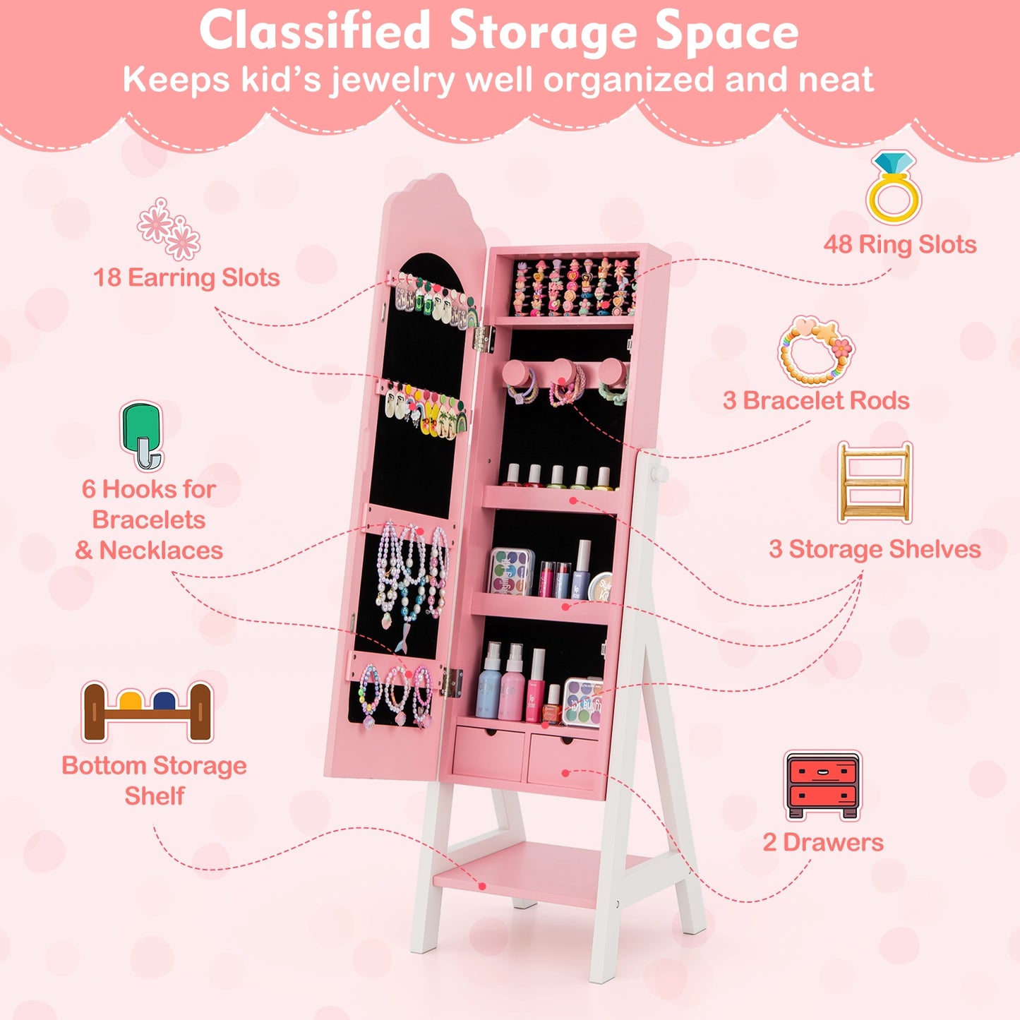 Kids Jewelry Organizer with Full Length Mirror Drawers and Storage Shelves, Pink Kids Vanities at Gallery Canada