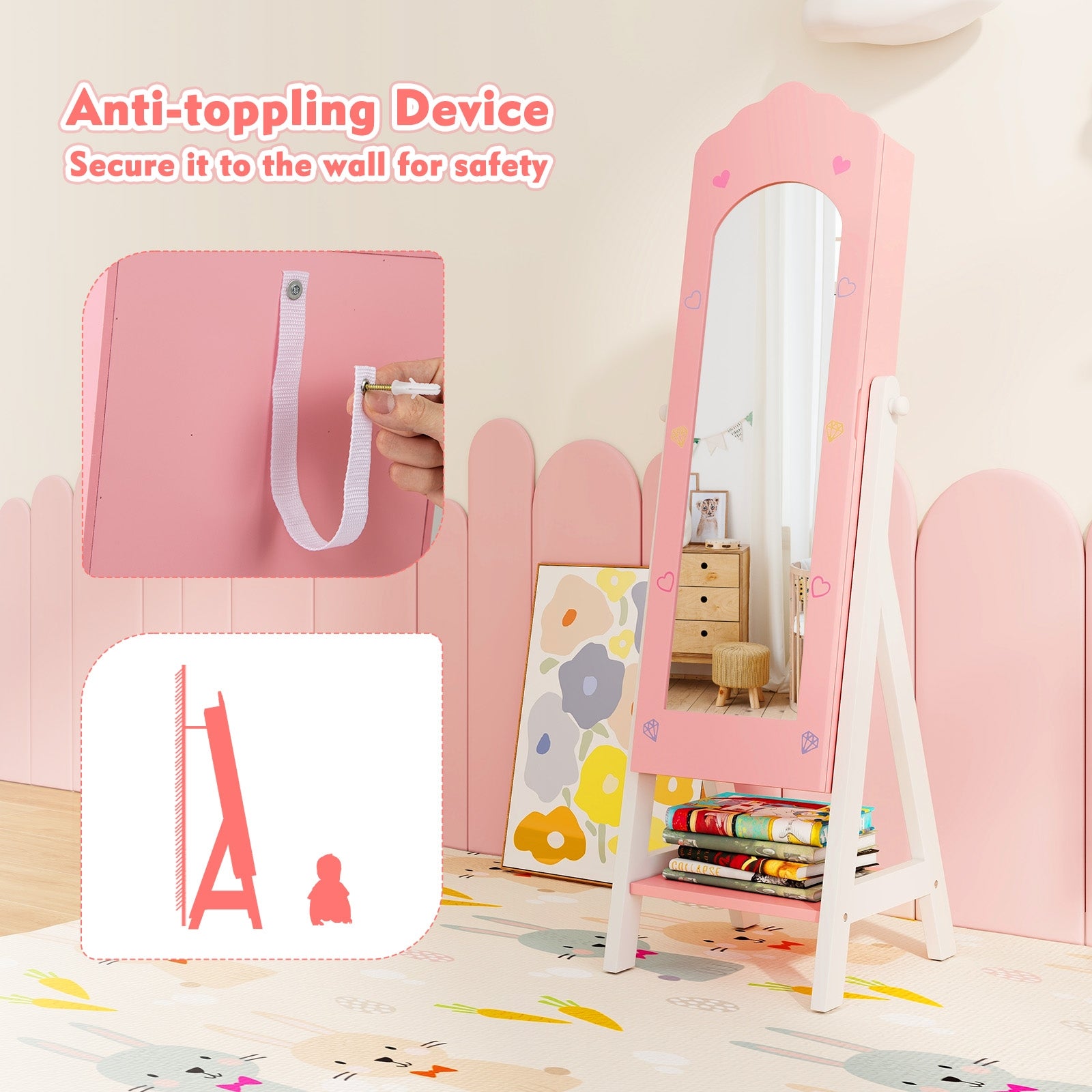 Kids Jewelry Organizer with Full Length Mirror Drawers and Storage Shelves, Pink Kids Vanities at Gallery Canada