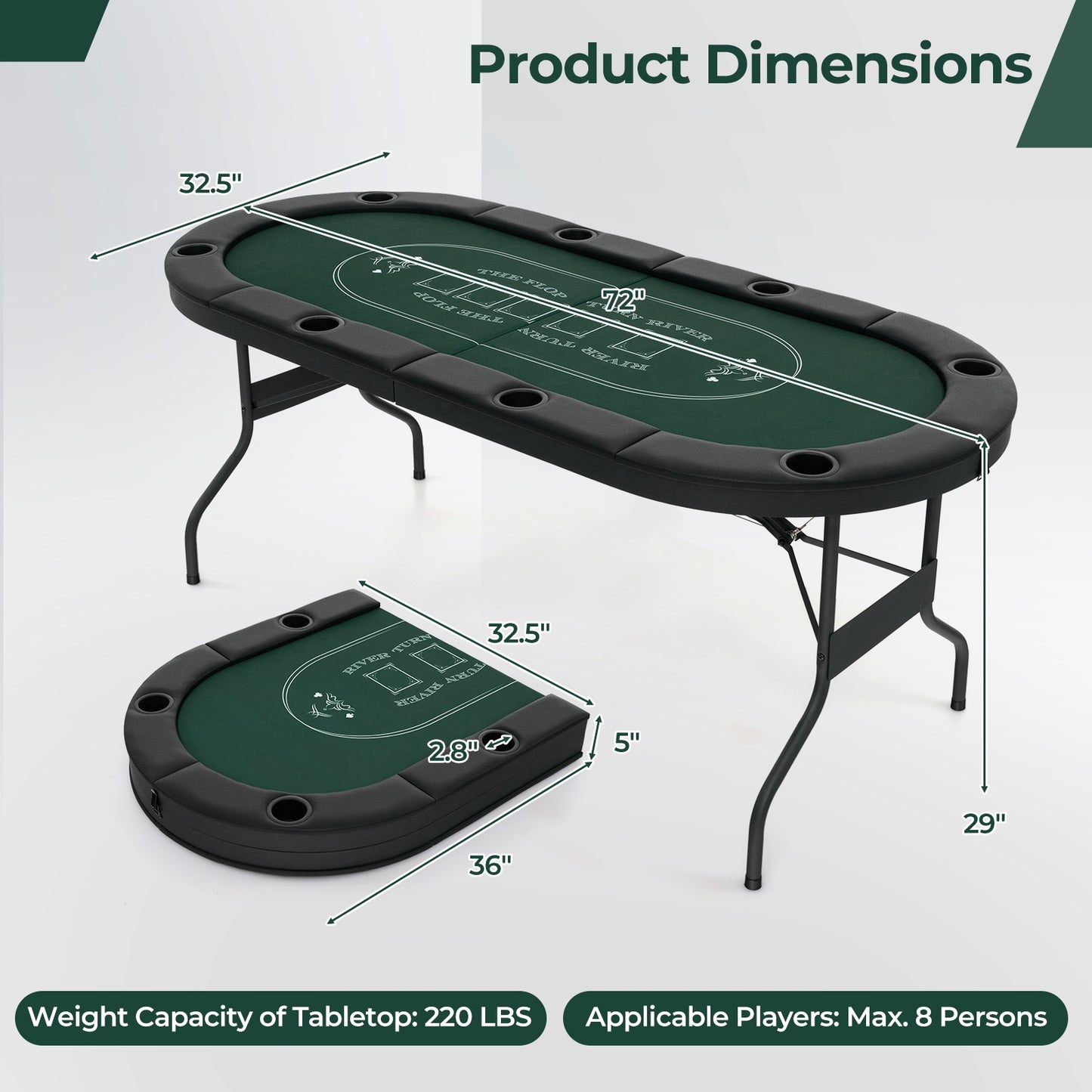 72 Inch Foldable Poker Table for 8 Players Portable Oval Card Board Game Table, Green Game Room at Gallery Canada