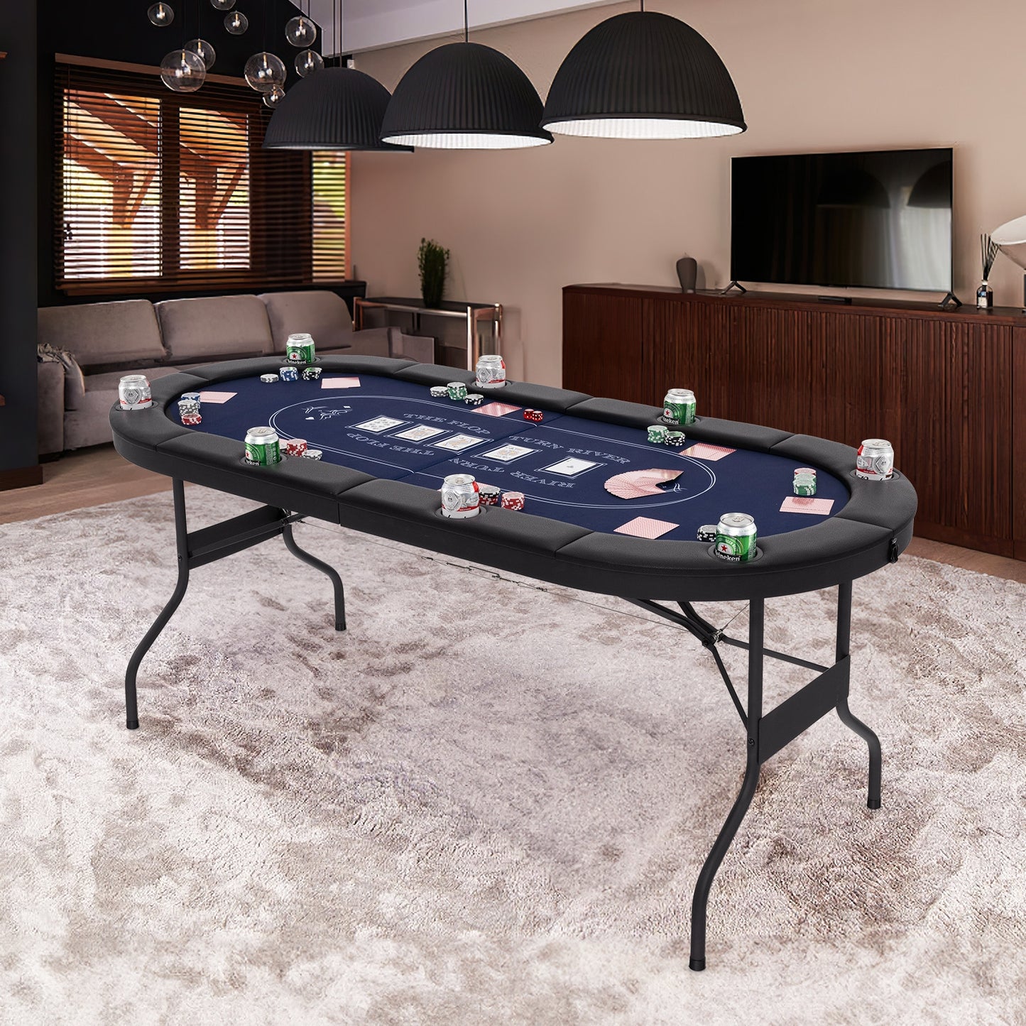 72 Inch Foldable Poker Table for 8 Players Portable Oval Card Board Game Table, Blue Game Room at Gallery Canada