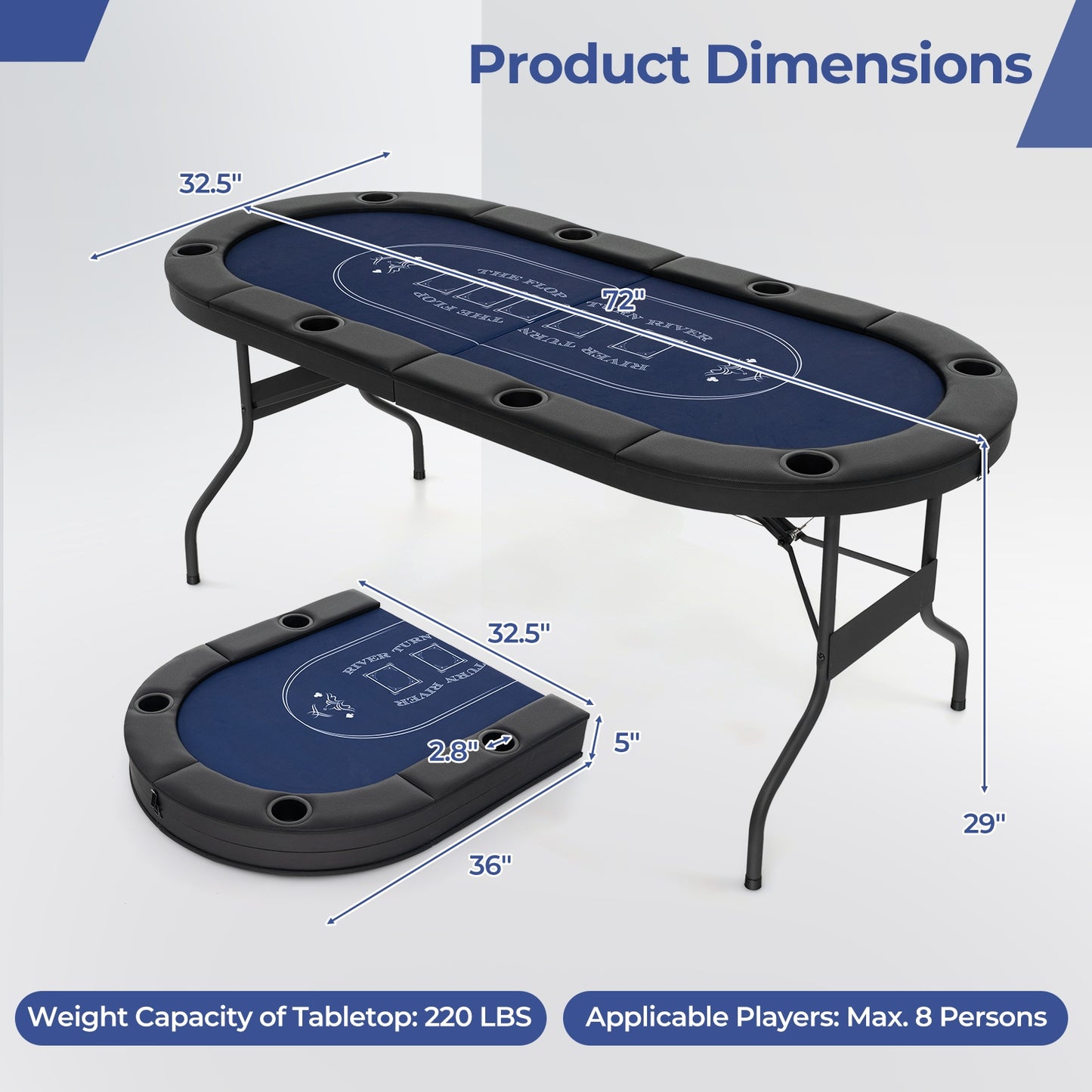 72 Inch Foldable Poker Table, 8 Player Portable Oval Card Game, Blue Game Room at Gallery Canada