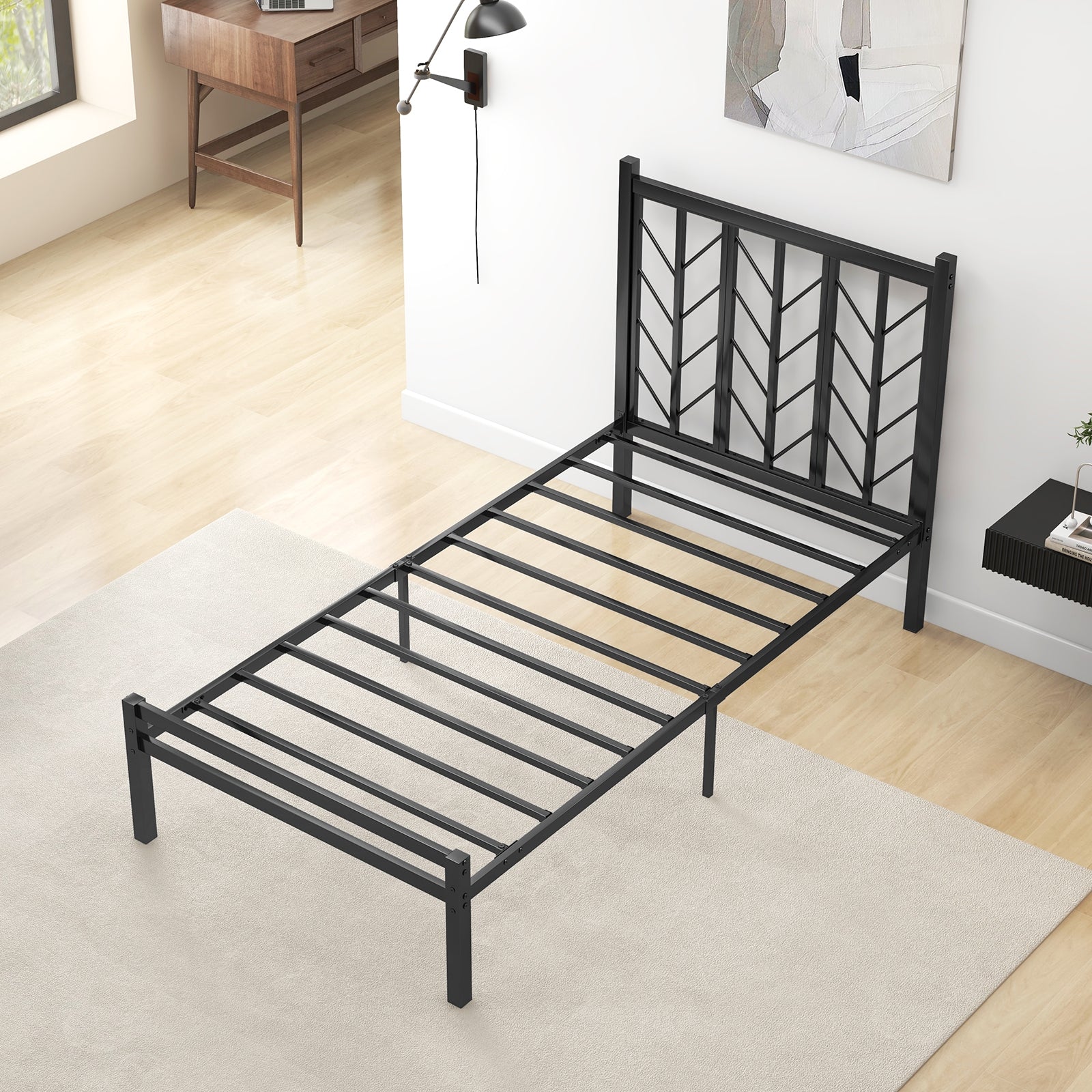 Twin Size Platform Bed with Headboard and Metal Frame-Twin Size, Black Simple Bed Frame at Gallery Canada