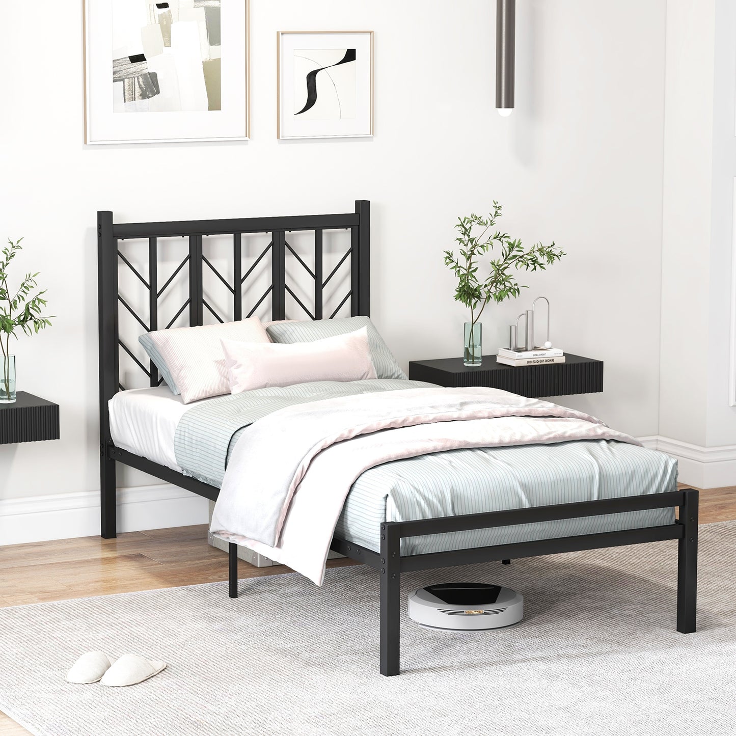 Twin Size Platform Bed with Headboard and Metal Frame-Twin Size, Black Simple Bed Frame at Gallery Canada
