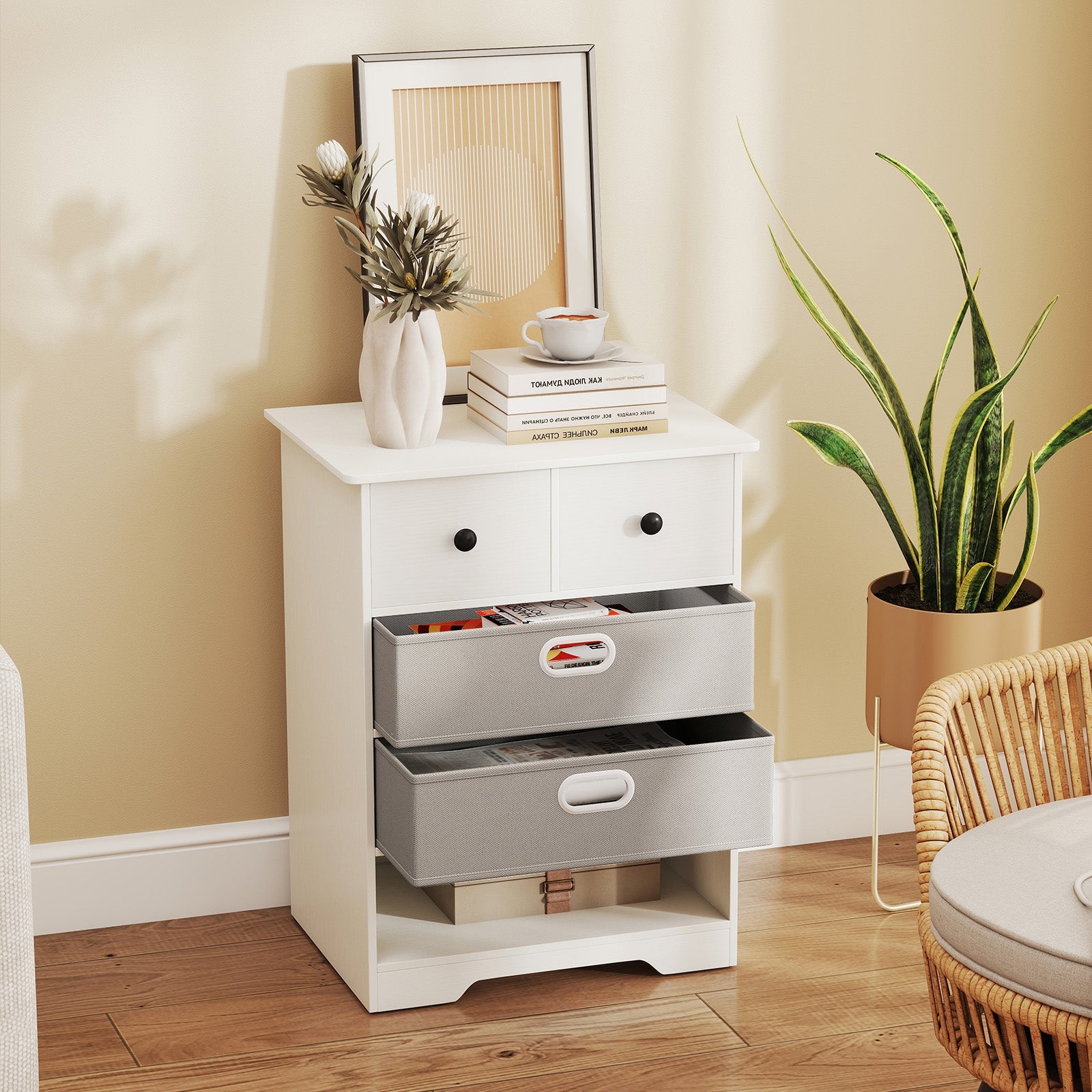 4-Drawer Dresser Modern Chest Storage Organizer with Open Shelves, White Cabinets & Chests at Gallery Canada