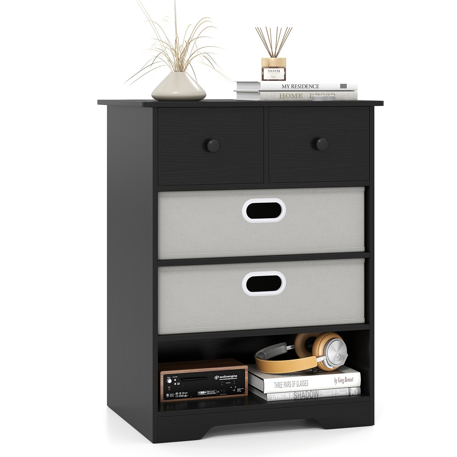 4-Drawer Dresser Modern Chest Storage Organizer with Open Shelves, Black Cabinets & Chests at Gallery Canada