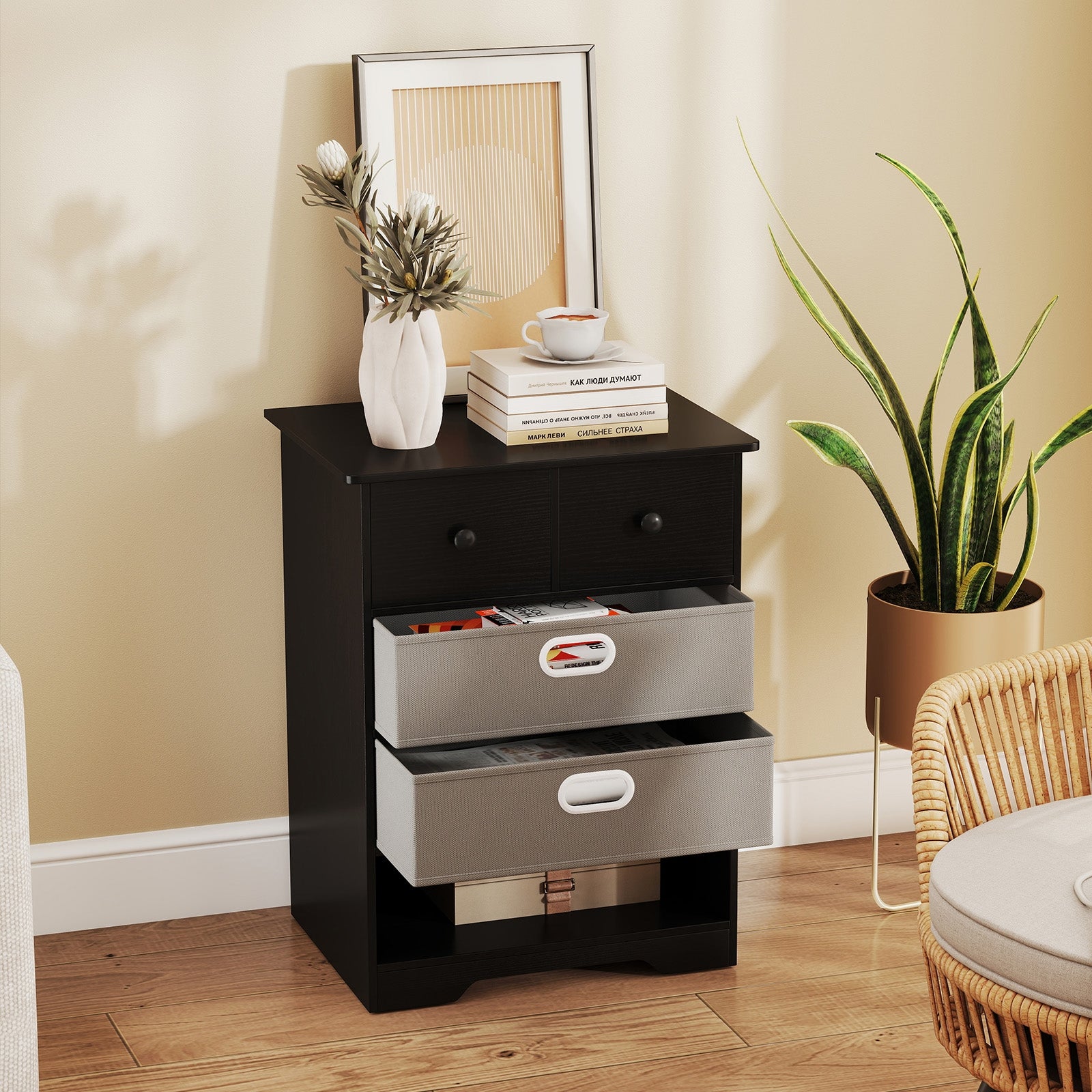 4-Drawer Dresser Modern Chest Storage Organizer with Open Shelves, Black Cabinets & Chests at Gallery Canada