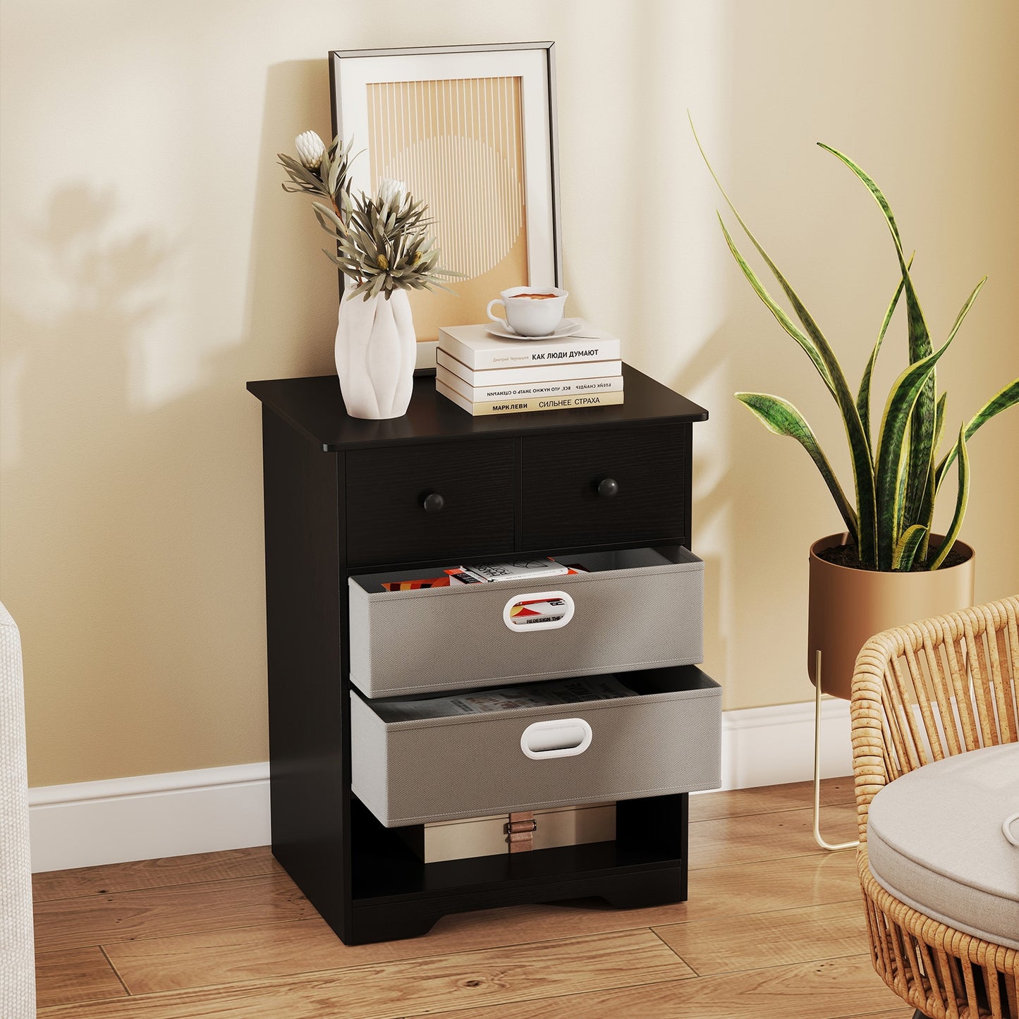 4-Drawer Dresser Modern Chest Storage Organizer with Open Shelves, Black Cabinets & Chests at Gallery Canada