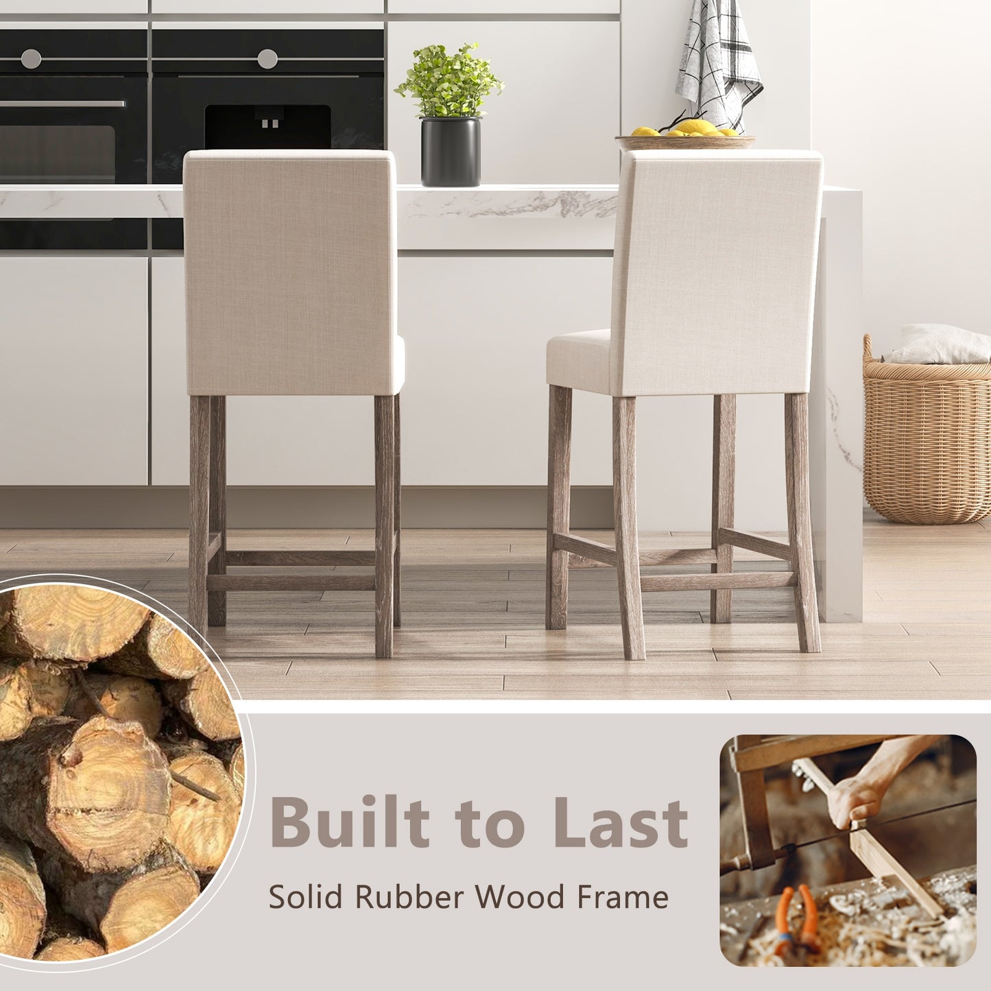 Counter Height Bar Stools Set of 2 with Back and Footrest, Beige Bar Stools at Gallery Canada