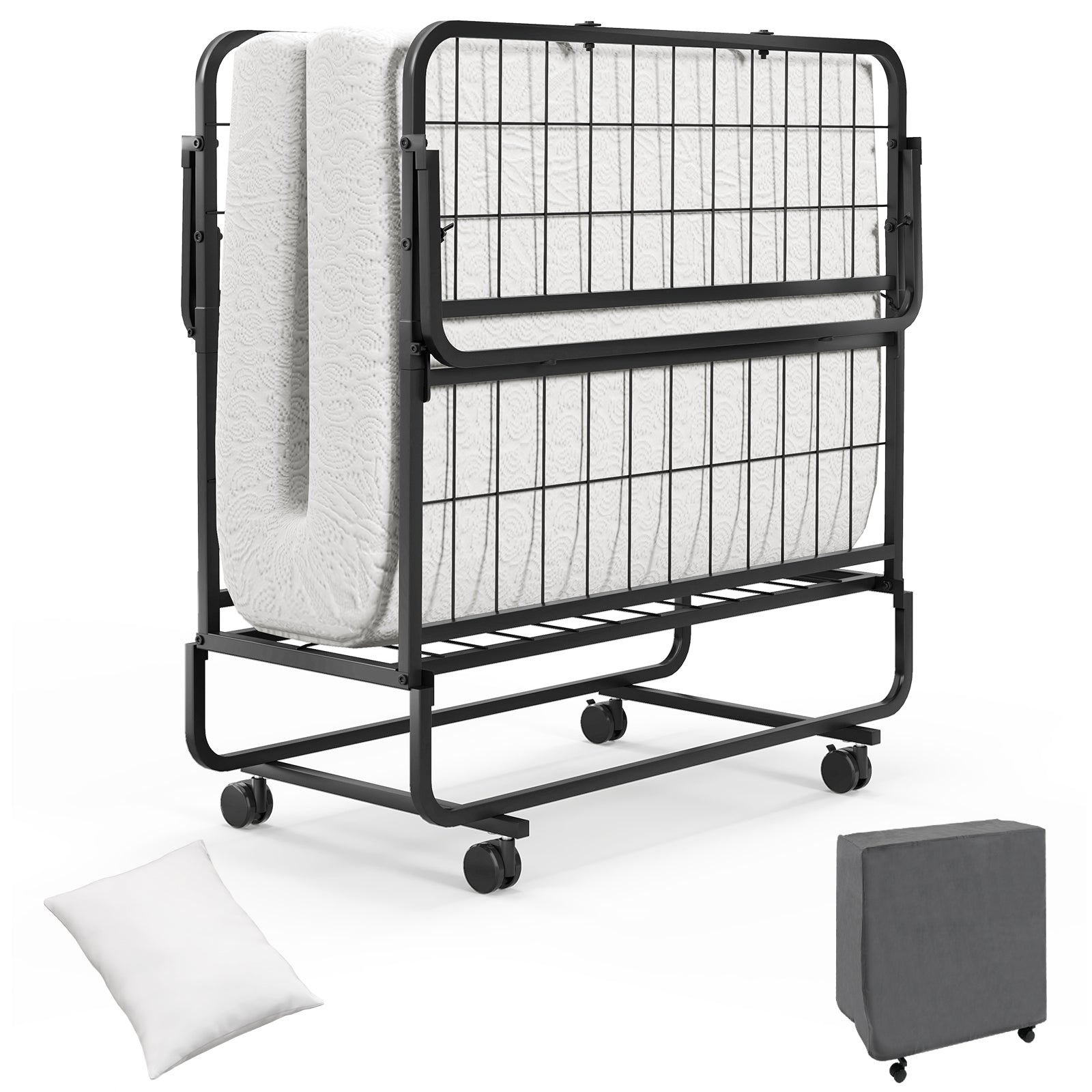 Twin Size Rollaway Folding Bed, With Mattress, Heavy Duty Frame, Black Folding Beds Black at Gallery Canada