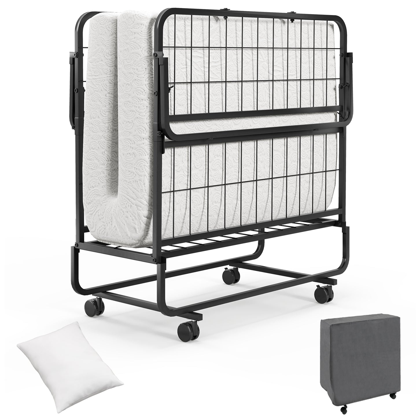 Twin Size Rollaway Folding Bed, With Mattress, Heavy Duty Frame, Black Folding Beds Black at Gallery Canada