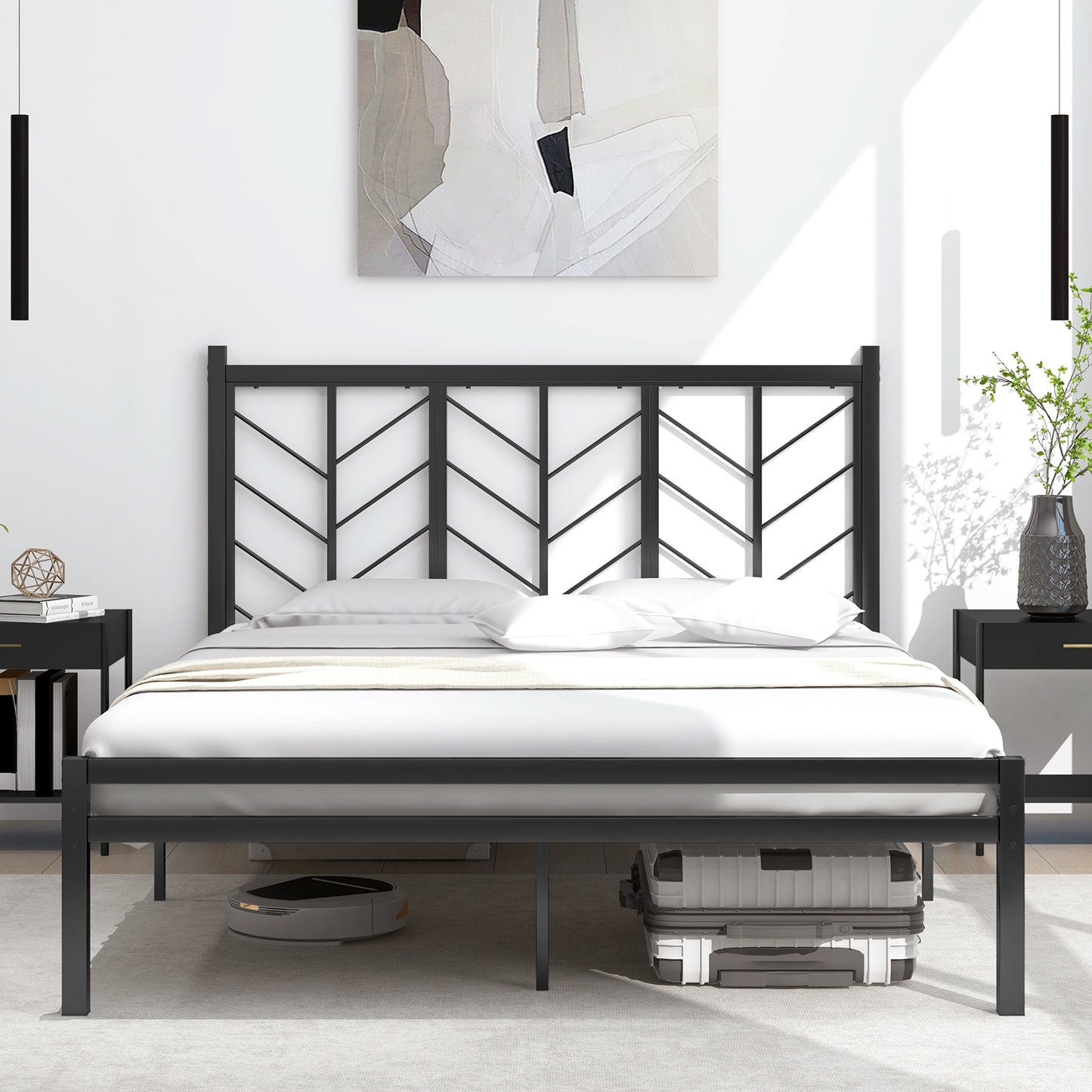 Queen Size Platform Bed with Headboard and Metal Frame-Queen Size, Black Simple Bed Frame at Gallery Canada