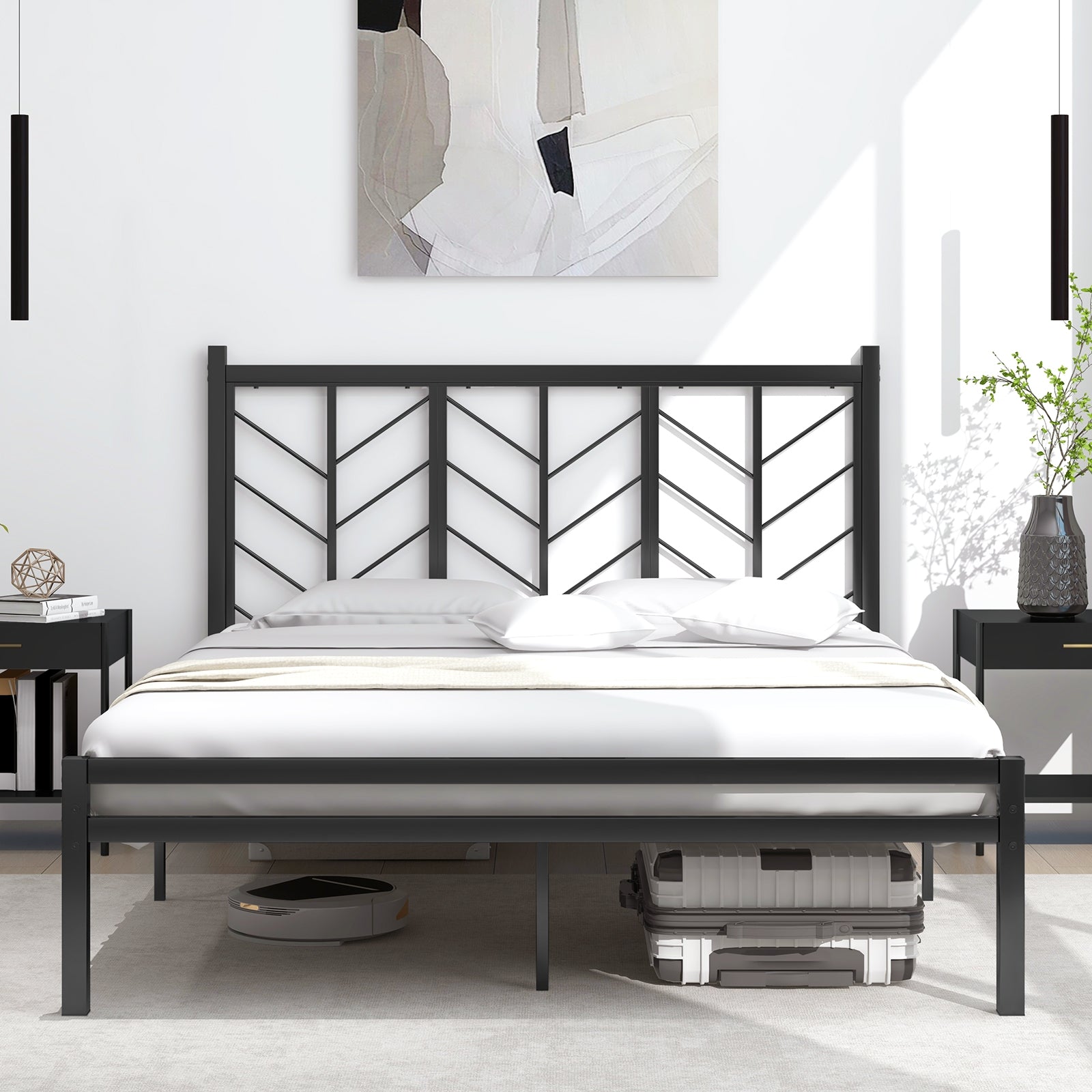 Queen Size Platform Bed with Headboard and Metal Frame-Queen Size, Black Simple Bed Frame at Gallery Canada