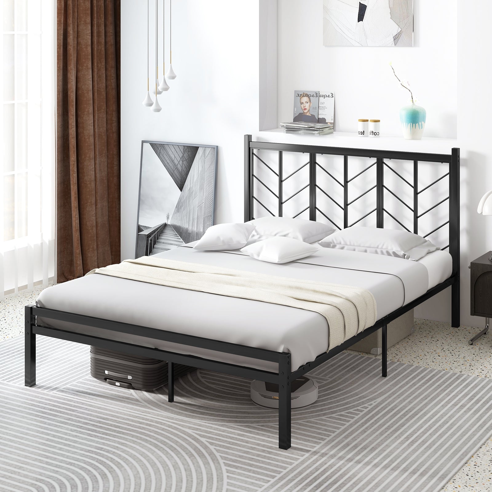 Queen Size Platform Bed with Headboard and Metal Frame-Queen Size, Black Simple Bed Frame at Gallery Canada