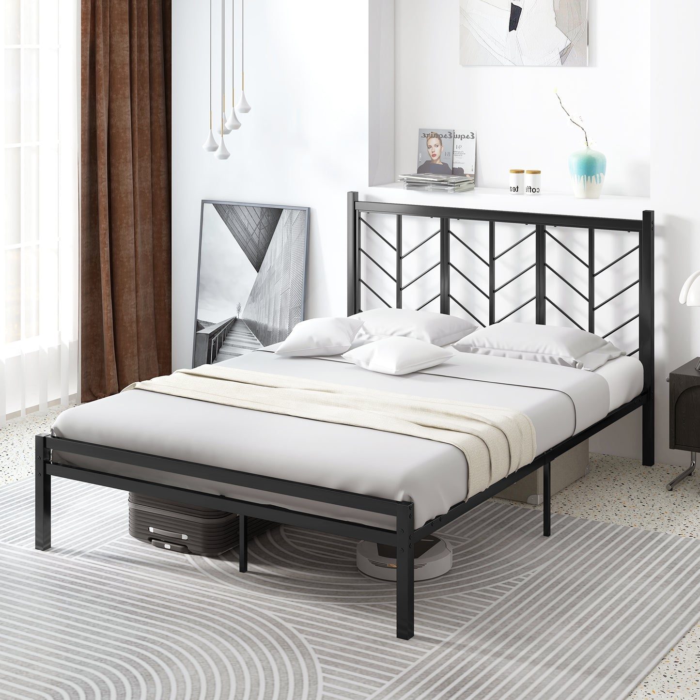 Queen Size Platform Bed with Headboard and Metal Frame-Queen Size, Black Simple Bed Frame at Gallery Canada