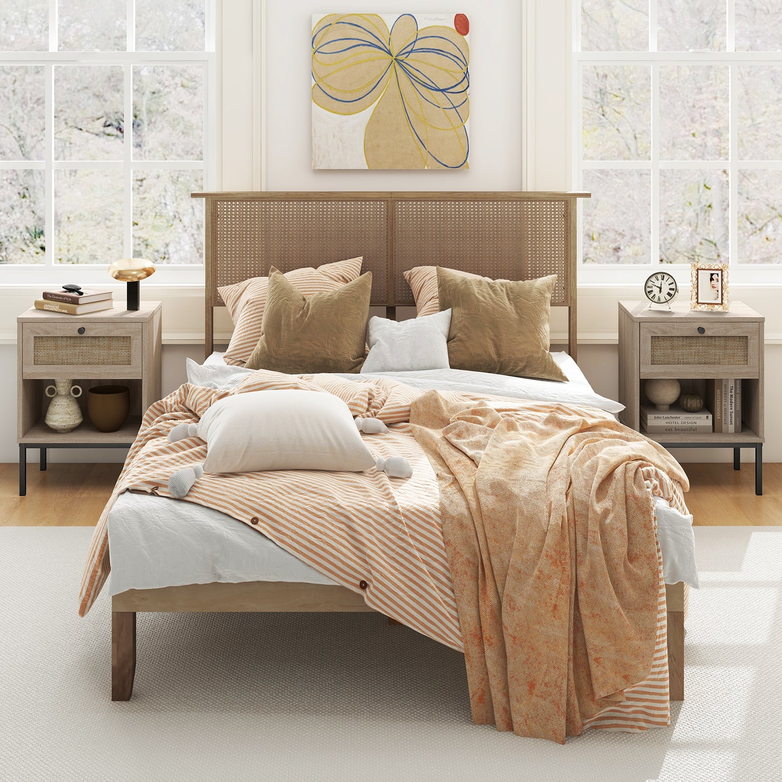 Rattan Nightstand Boho End Table with Rattan Drawer and Open Shelf Set of 2, Oak Nightstands at Gallery Canada