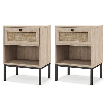Rattan Nightstand Boho End Table with Rattan Drawer and Open Shelf Set of 2, Oak Nightstands at Gallery Canada