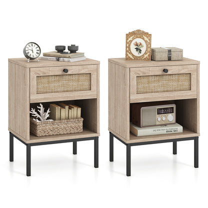 Rattan Nightstand Boho End Table with Rattan Drawer and Open Shelf Set of 2, Oak Nightstands at Gallery Canada