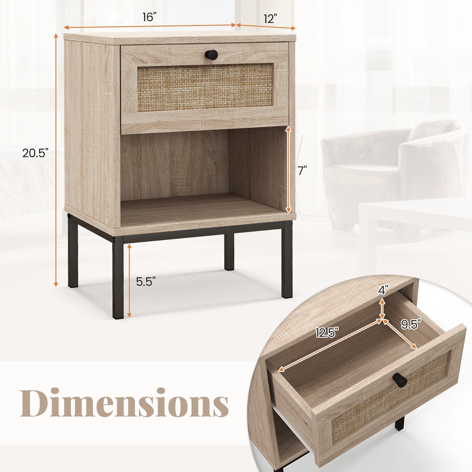 Rattan Nightstand Boho End Table with Rattan Drawer and Open Shelf Set of 2, Oak Nightstands at Gallery Canada