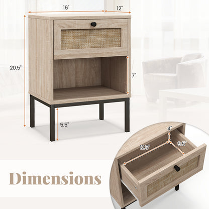 Rattan Nightstand Boho End Table with Rattan Drawer and Open Shelf Set of 2, Oak Nightstands at Gallery Canada