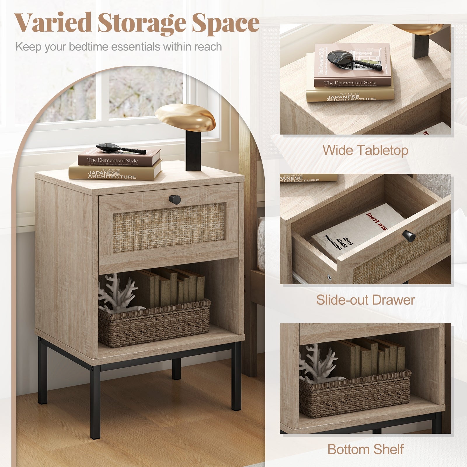 Rattan Nightstand Boho End Table with Rattan Drawer and Open Shelf Set of 2, Oak Nightstands at Gallery Canada