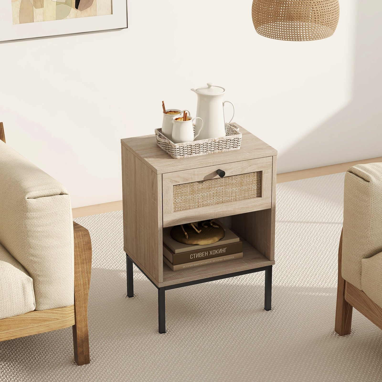 Rattan Nightstand Boho End Table with Rattan Drawer and Open Shelf Set of 2, Oak Nightstands at Gallery Canada