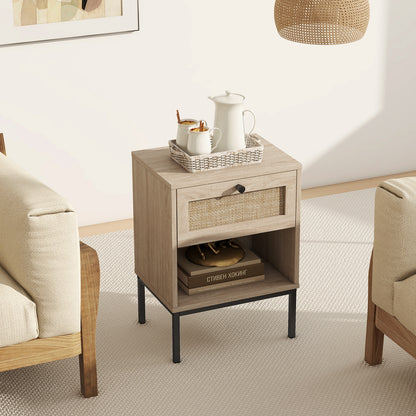 Rattan Nightstand Boho End Table with Rattan Drawer and Open Shelf Set of 2, Oak Nightstands at Gallery Canada