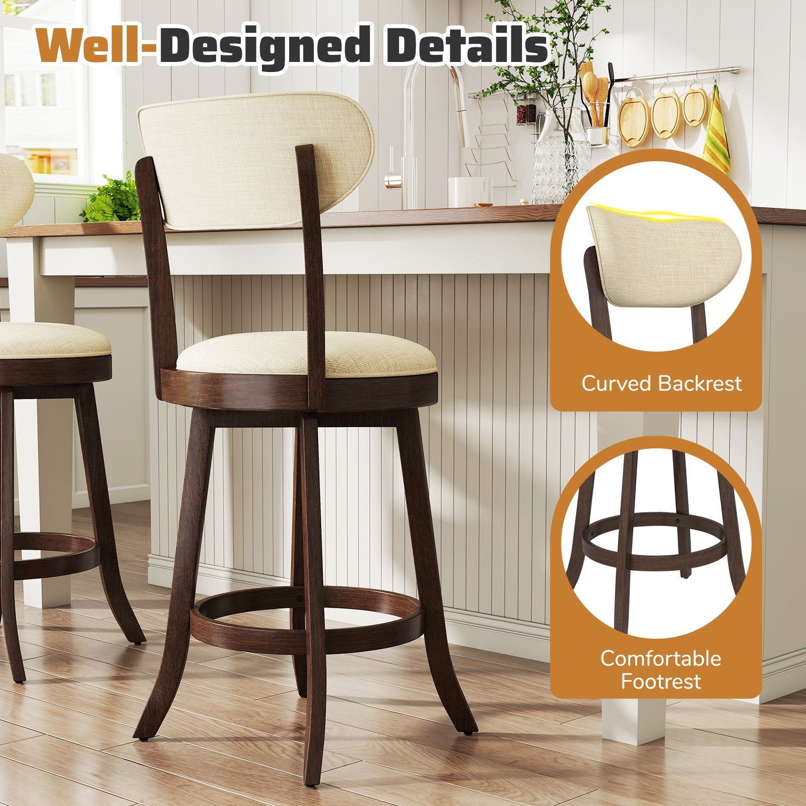 25.5 Inch Counter Height Chairs Set of 2 with Padded Seat and Backrest, Brown Bar Stools at Gallery Canada
