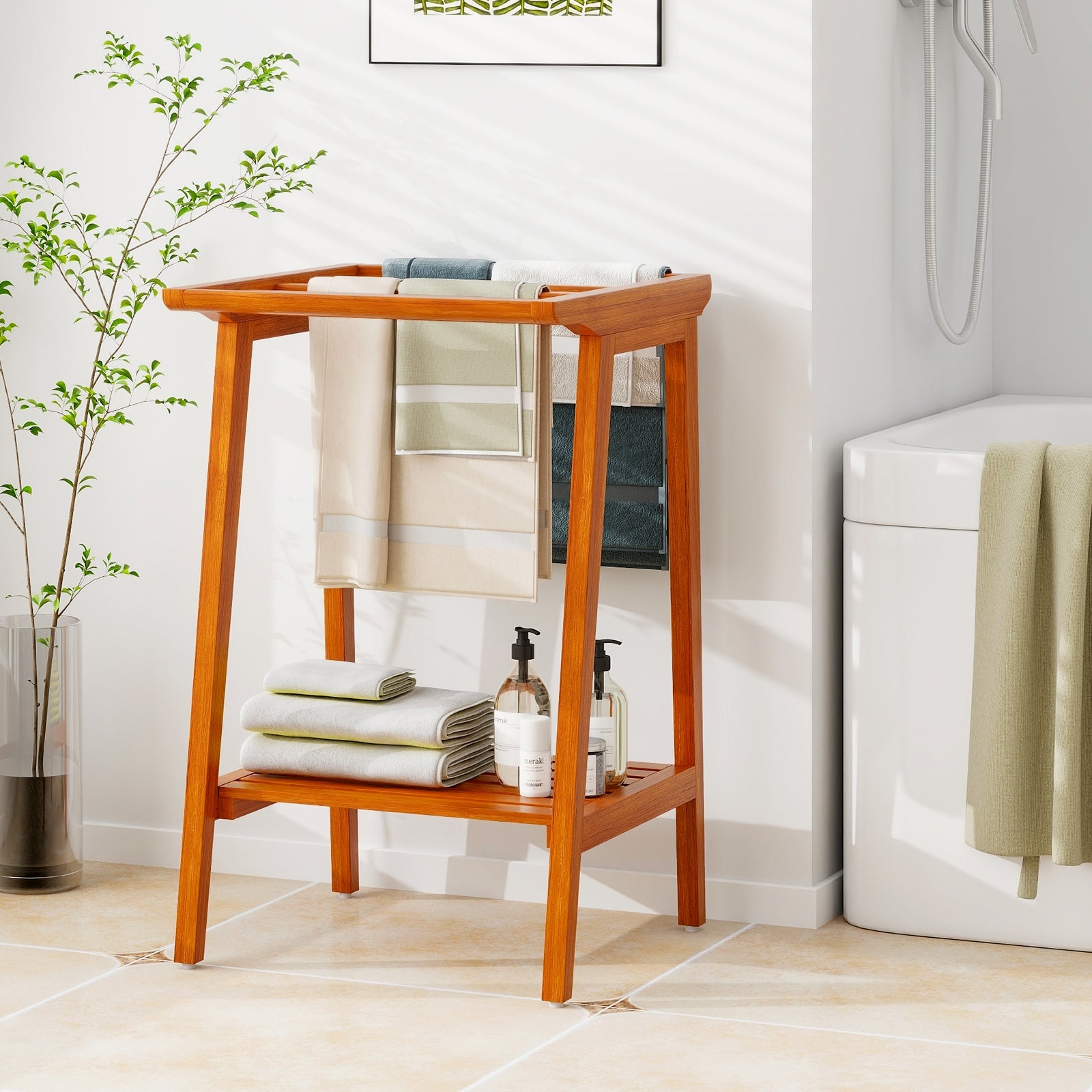 Freestanding Towel Rack With Storage Shelf, Natural Towel Racks at Gallery Canada