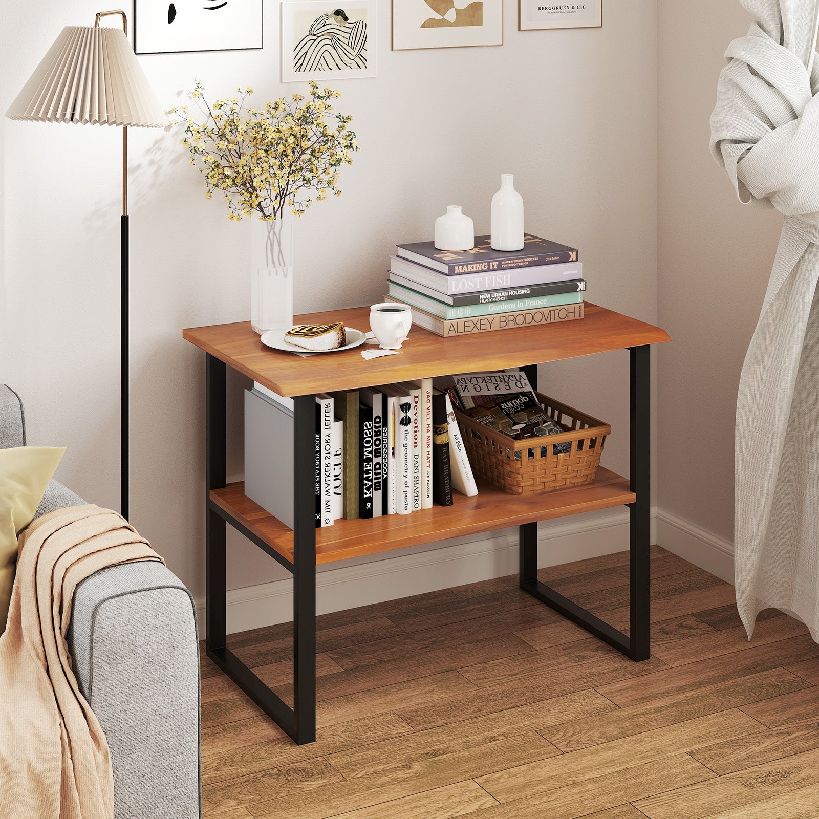 2-Tier Teak Wood End Table Sofa Side for Living Room Hallway Laundry Nightstands at Gallery Canada