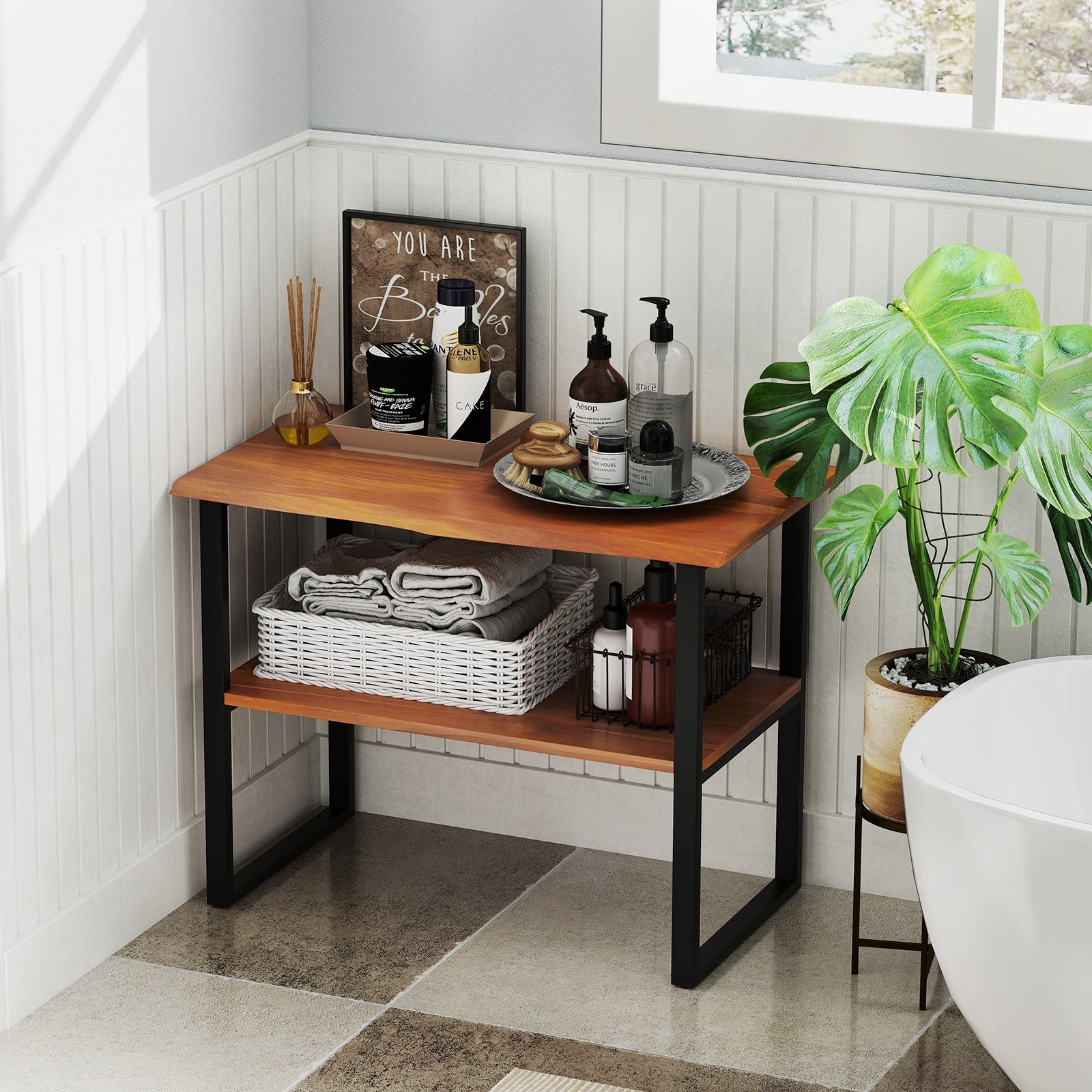 2-Tier Teak Wood End Table, Living Room Side Table Nightstands at Gallery Canada