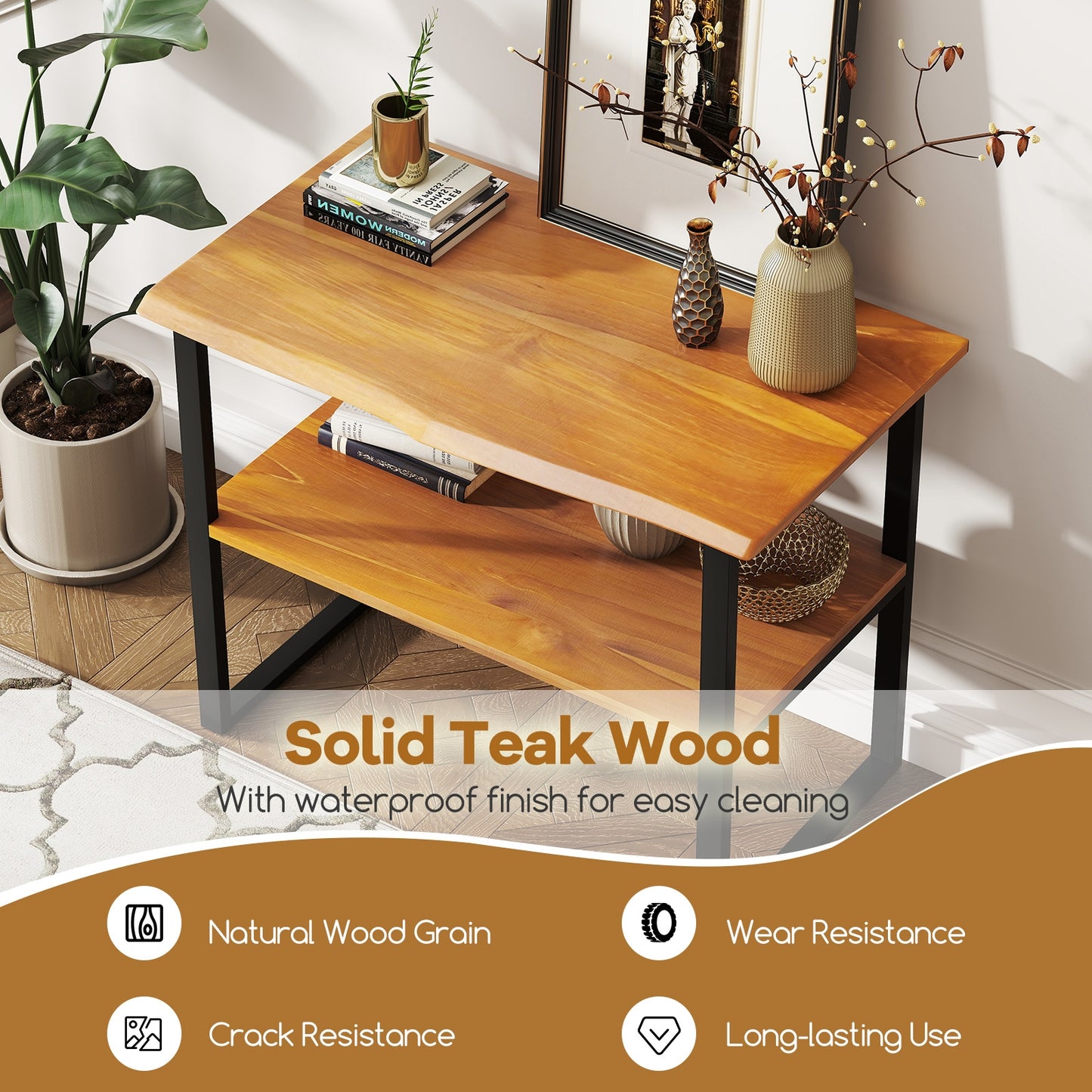 2-Tier Teak Wood End Table, Living Room Side Table Nightstands at Gallery Canada
