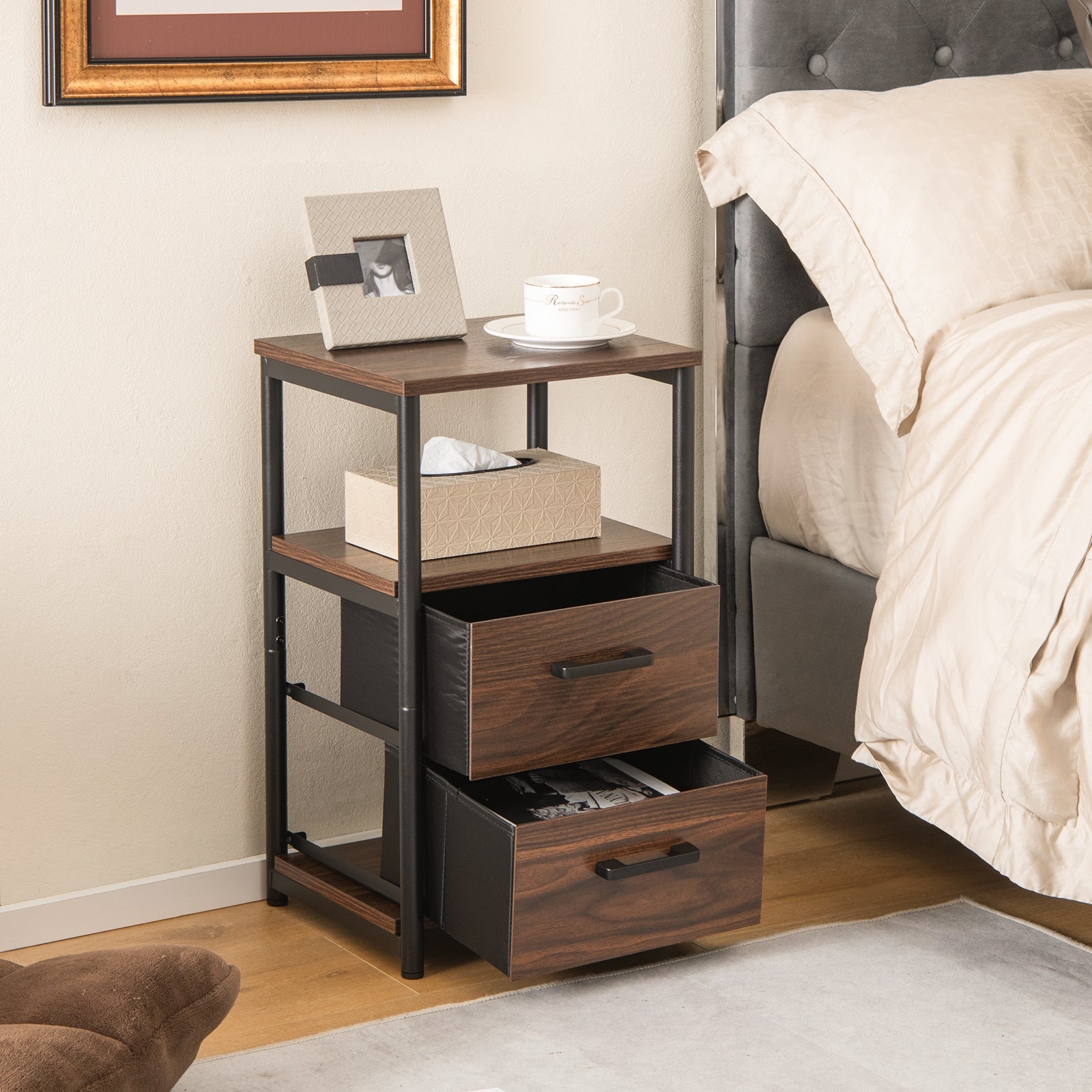 Bedside Table Set of 2 with Removable Fabric Drawers and Metal Frame, Walnut Nightstands at Gallery Canada