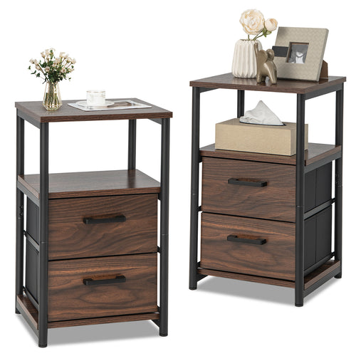 Bedside Table Set Of 2, Removable Fabric Drawers, Metal Frame, Walnut