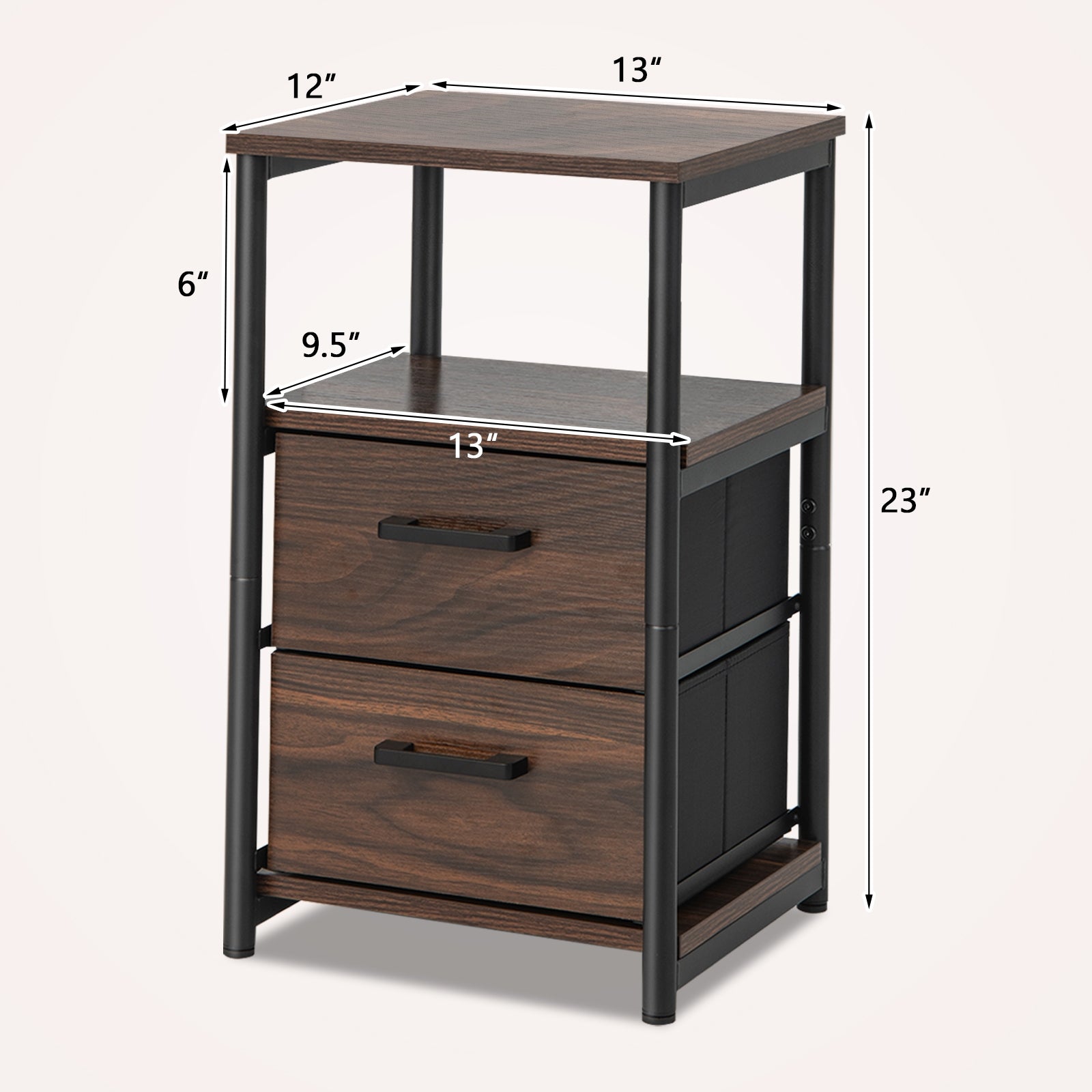 Bedside Table Set of 2 with Removable Fabric Drawers and Metal Frame, Walnut Nightstands at Gallery Canada