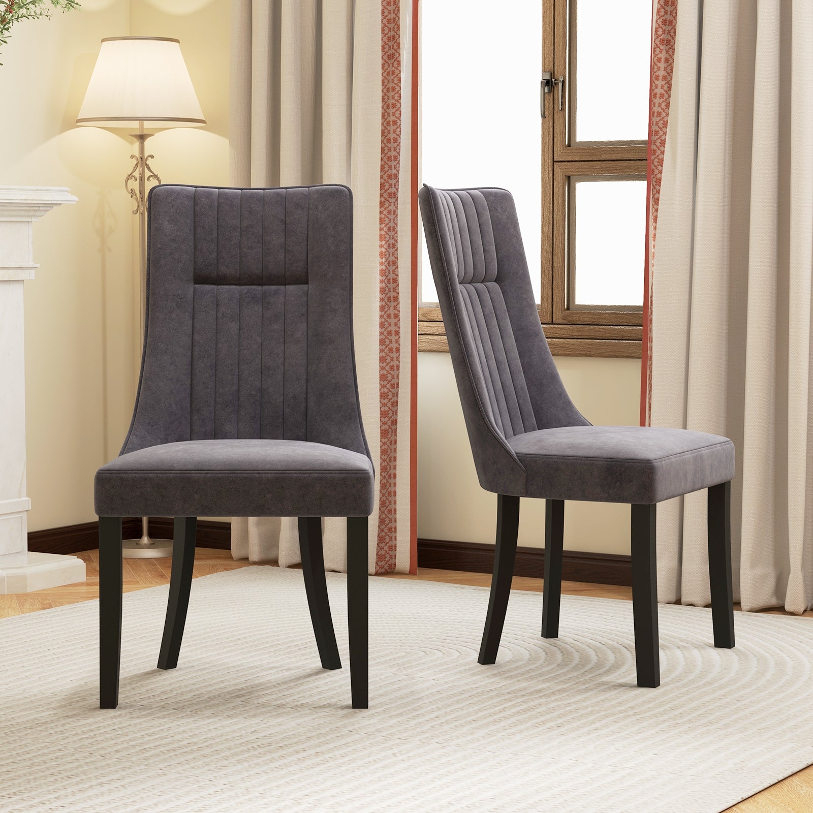 Channel Tufted Dining Chairs Set of 2 Upholstered Kitchen Side Chairs with High Backrest, Gray Dining Chairs at Gallery Canada