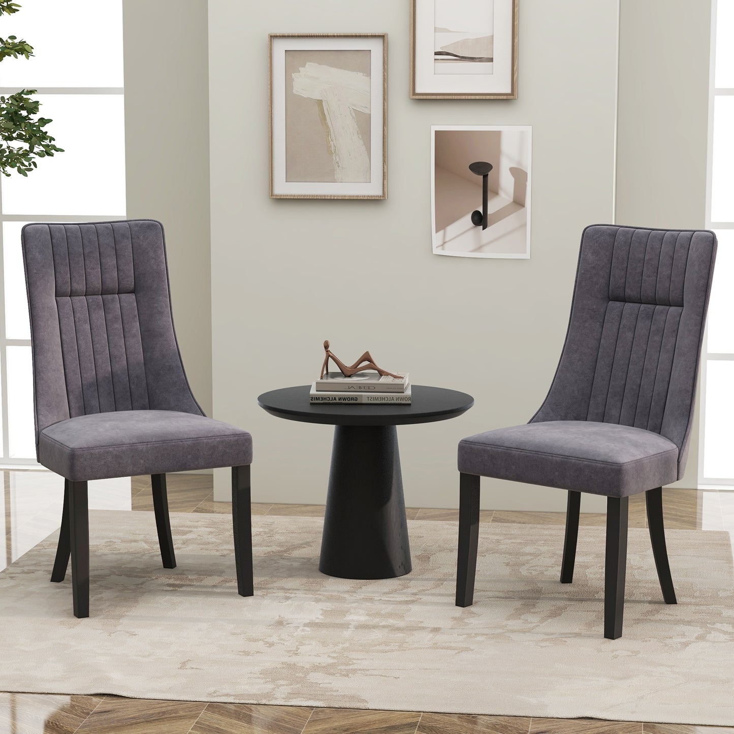 Channel Tufted Dining Chairs Set of 2 Upholstered Kitchen Side Chairs with High Backrest, Gray Dining Chairs at Gallery Canada