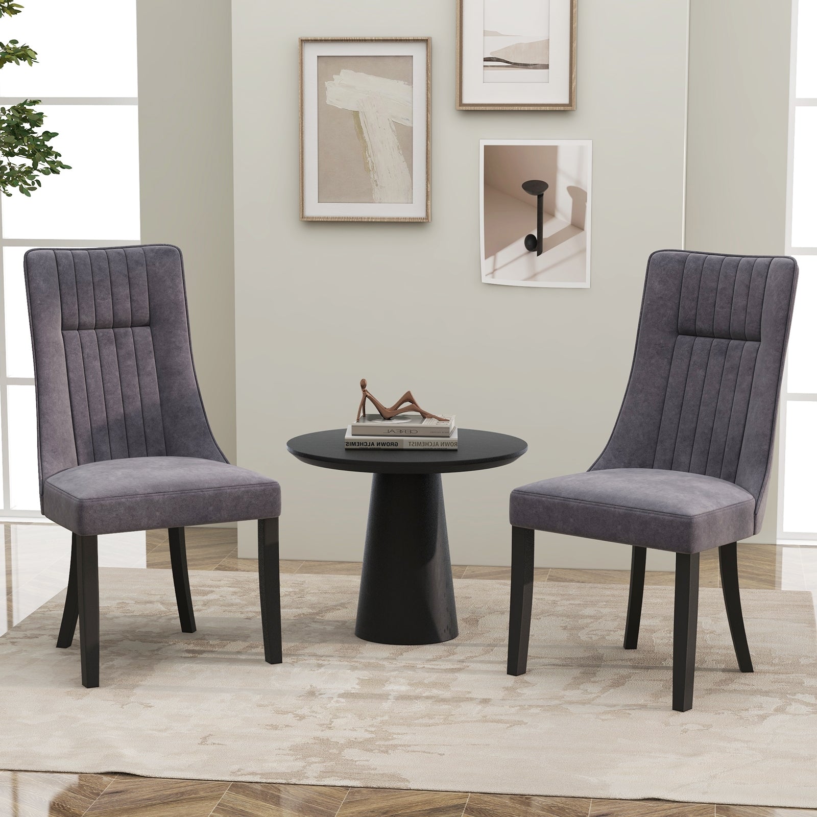 Channel Tufted Dining Chairs Set of 2 Upholstered Kitchen Side Chairs with High Backrest, Gray Dining Chairs at Gallery Canada