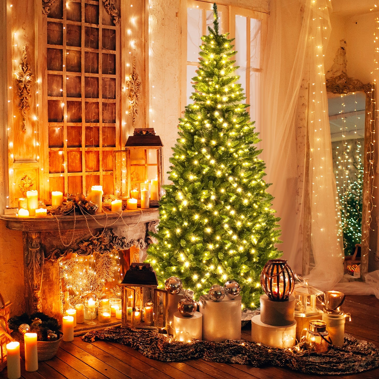 8 FT Corner Artificial Christmas Tree, 1137 Branch Tips, 360 Warm White LED Lights, Green Christmas Tree at Gallery Canada