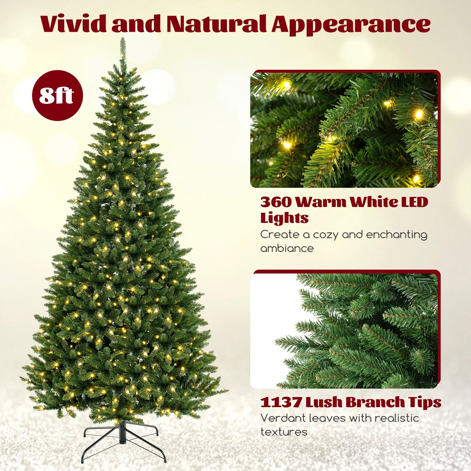 8 FT Corner Artificial Christmas Tree, 1137 Branch Tips, 360 Warm White LED Lights, Green Christmas Tree at Gallery Canada