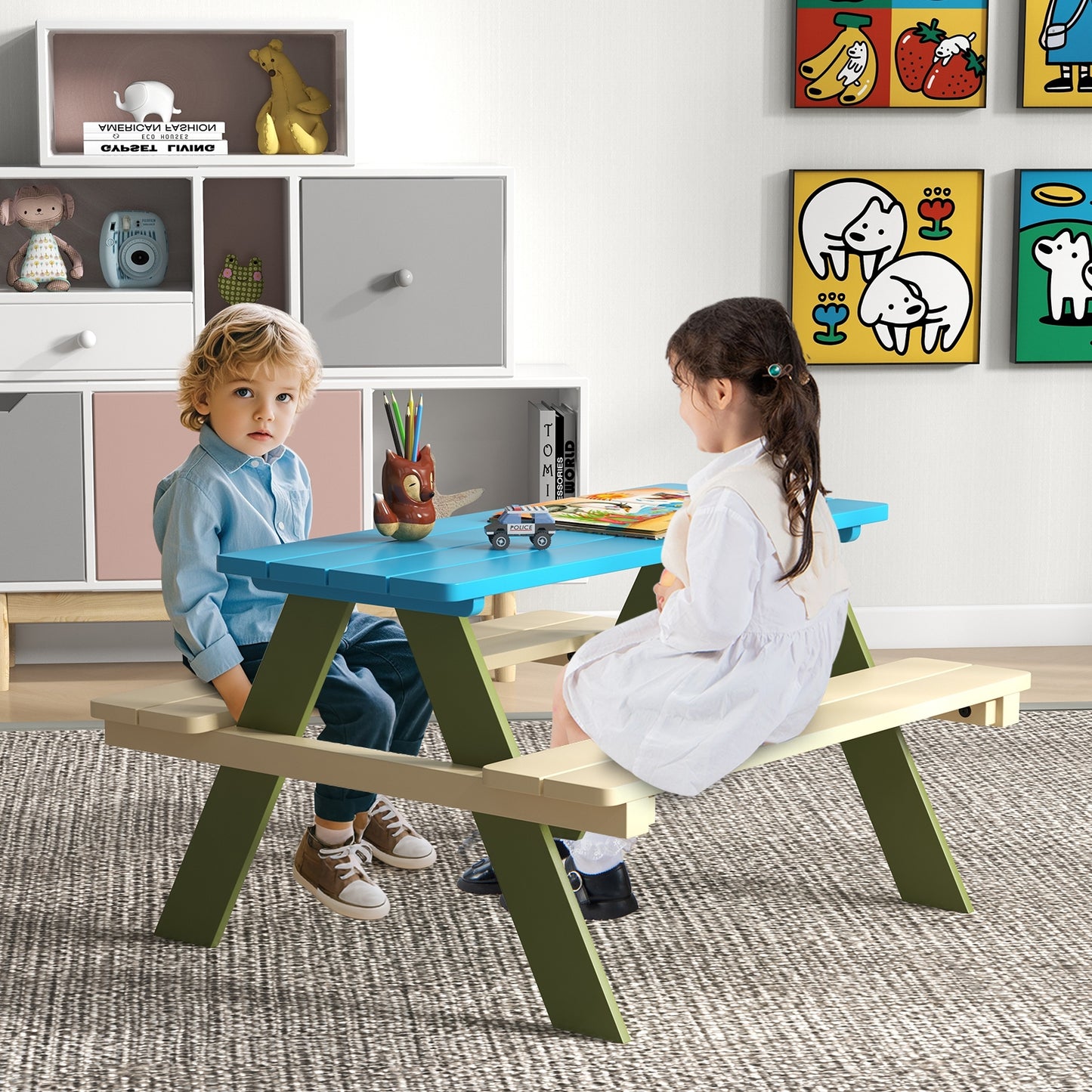 Kids Wooden Picnic Table Set Toddler Activity and Dining Table with Built-in Benches Kids Table & Chair Sets at Gallery Canada