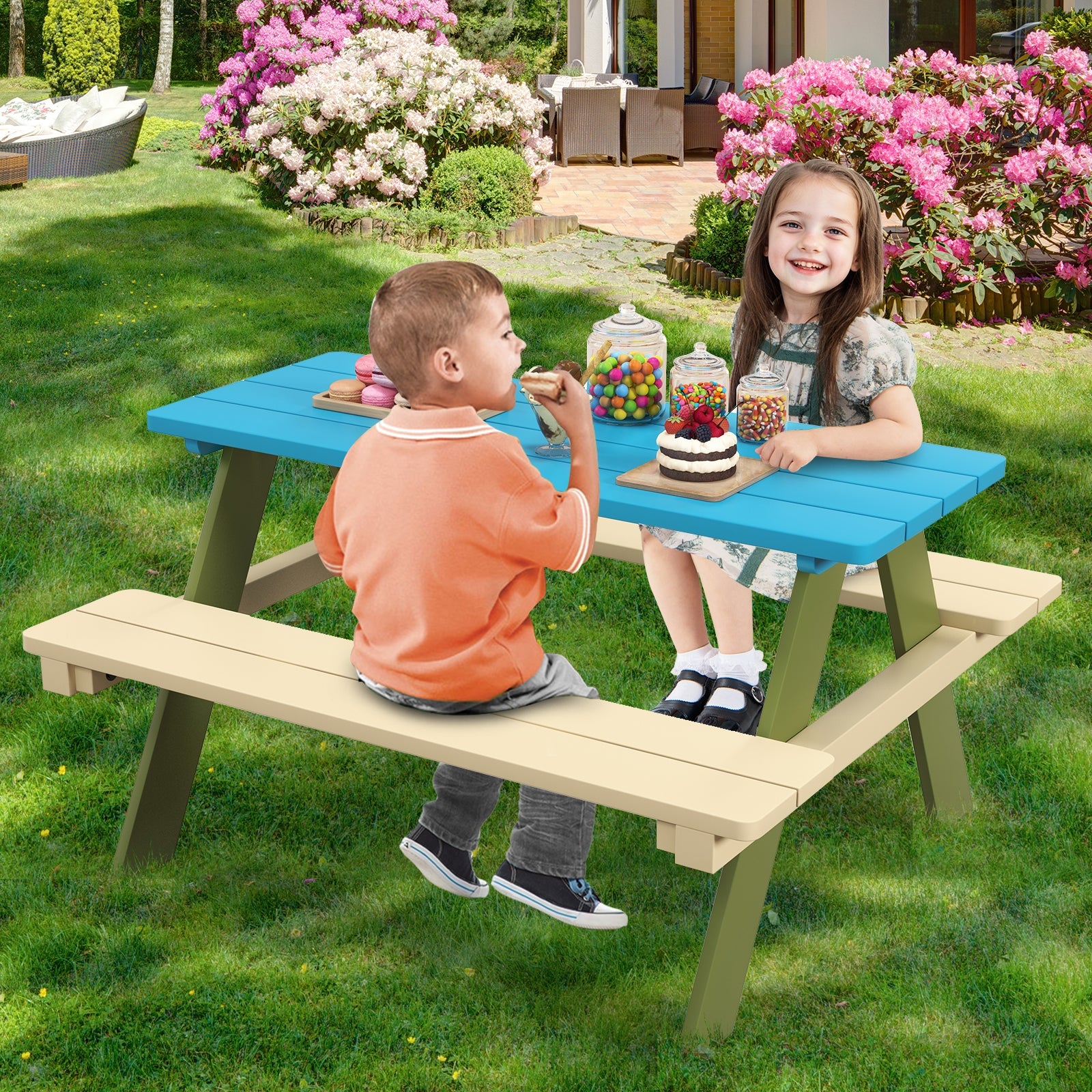 Kids Wooden Picnic Table Set Toddler Activity and Dining Table with Built-in Benches Kids Table & Chair Sets at Gallery Canada